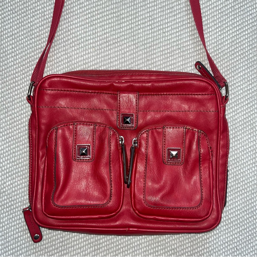 Tyler Rodan Vegan Leather Red studded multi pocket shoulder crossbody bag